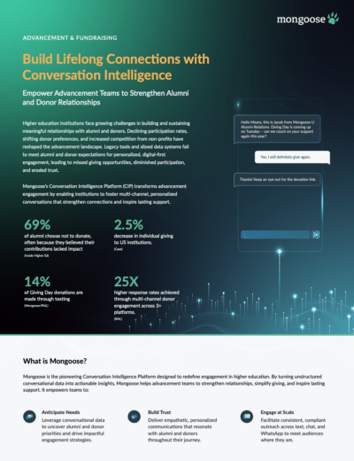 Mongoose Advancement & Fundraising solution brief highlighting key benefits.