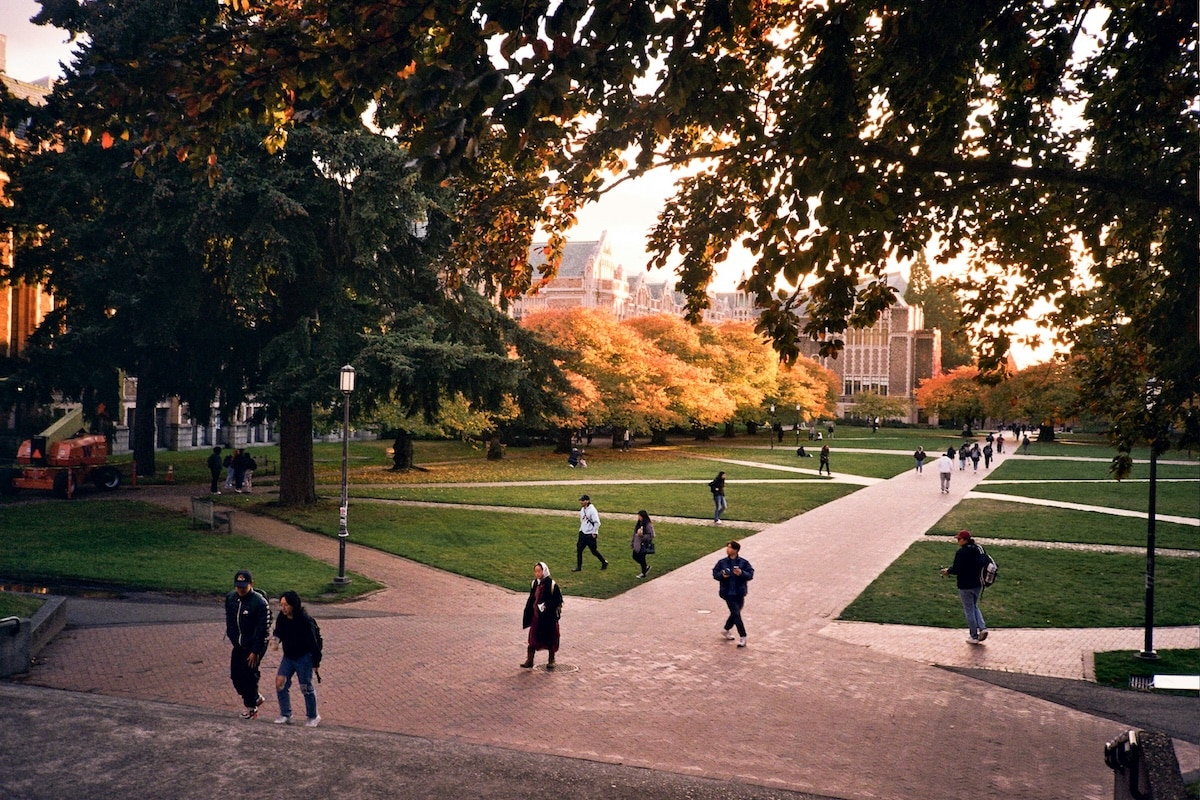 Students walking and relaxing on a university campus lawn at sunset
